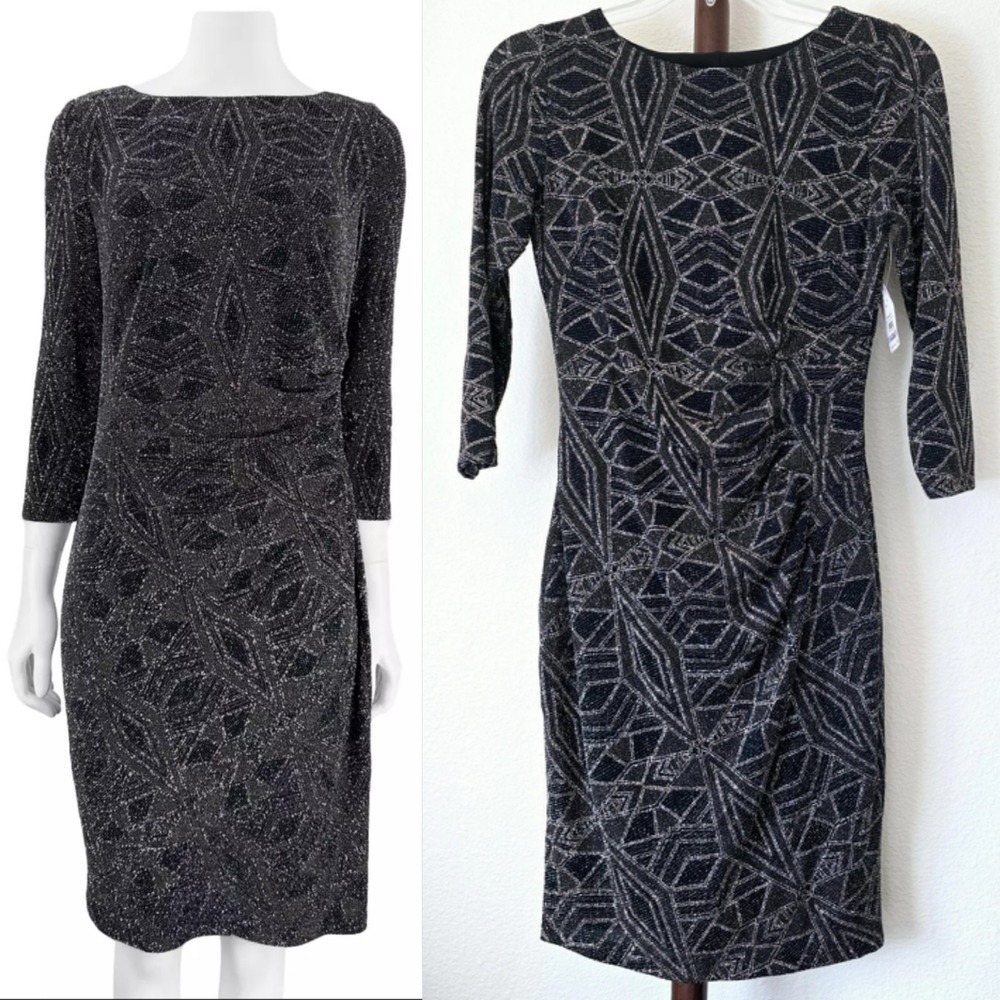 NWT Anne Klein Women's Sz 6 Sequin Party Midi Dress Round Neck Evening Cocktail